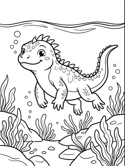 Black-and-white coloring page of Guani the Swimming Marine Iguana, a cute marine iguana with coastal sunlit rocks and lush green seaweeds