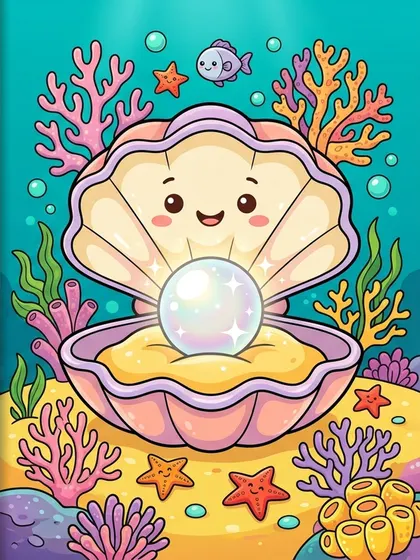 무지개 조개껍데기와 반짝이는 왕진주 배경의 대왕조개 캐릭터 펄이 컬러 참고본