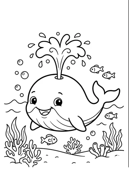 Black-and-white coloring page of Bawoo the Singing Whale, a cute humpback whale with spouting water fountain and ocean friends