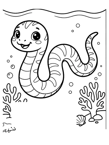 Black-and-white coloring page of Lilly the Ribbon Sea Snake, a cute ribbon sea snake with gentle wavy ribbon dance with seashells and sea bubbles