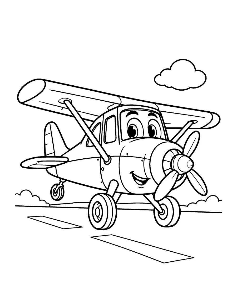 Dibujo en blanco y negro de avioneta de entrenamiento con hélice para colorear, Piper