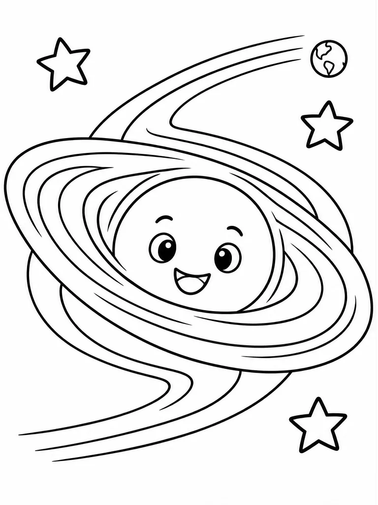 Black-and-white black hole coloring page with event horizon, accretion disk, and bent light paths