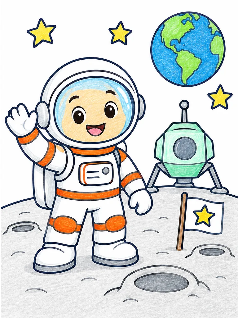 Modelo en color de astronauta explorando la Luna para colorear