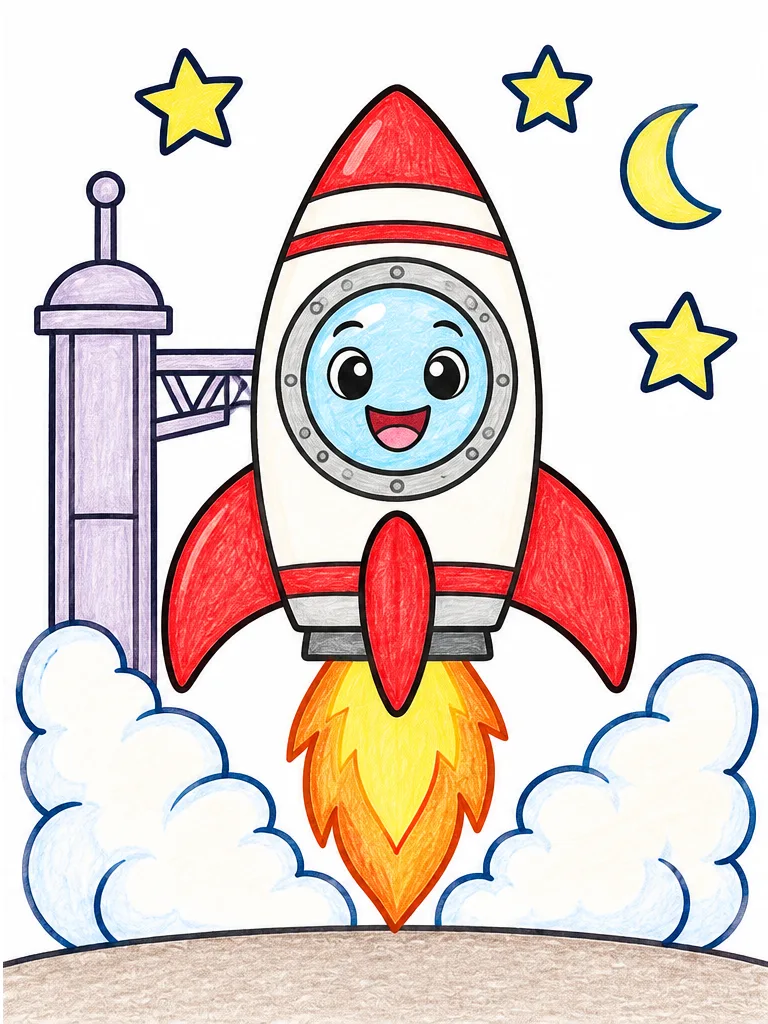 Color reference of rocket launch in red, cream, orange, yellow, lavender