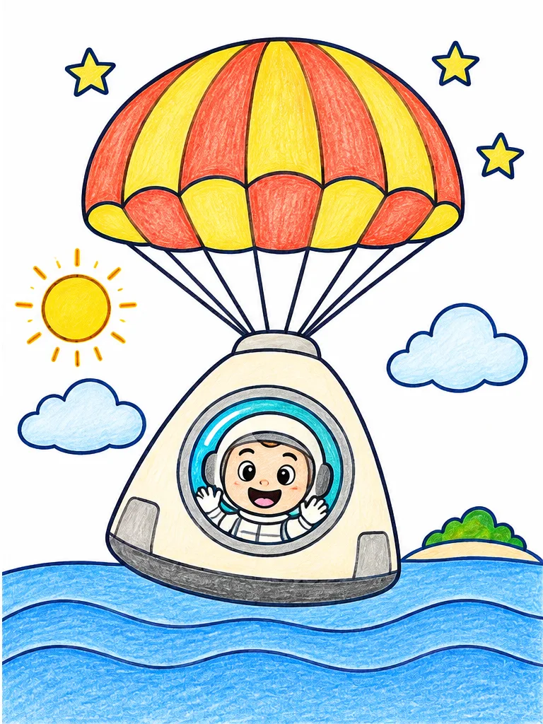 Color reference of space capsule return in cream, teal, coral, yellow, blue