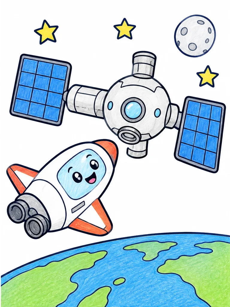 Color reference of space station docking in white, coral orange, light gray, blue, blue-green
