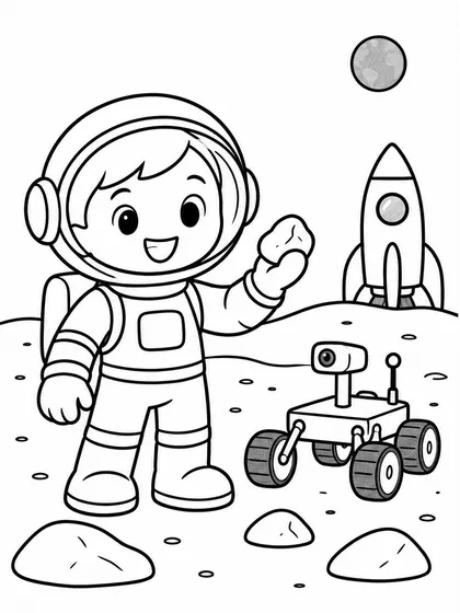 Dibujo en blanco y negro de astronauta explorando Marte para colorear
