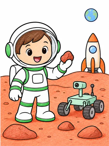 Modelo en color de astronauta explorando Marte para colorear