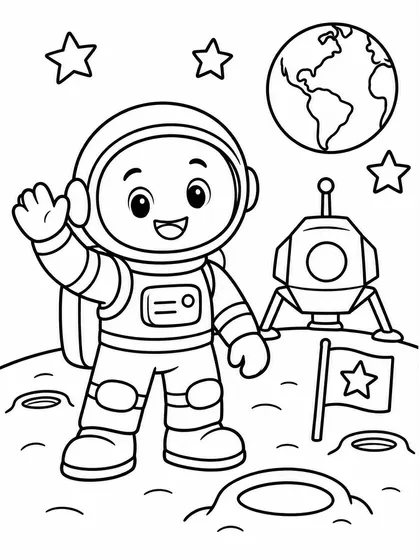 Dibujo en blanco y negro de astronauta explorando la Luna para colorear
