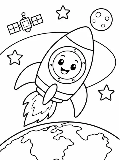 Dibujo en blanco y negro de cohete en órbita terrestre para colorear