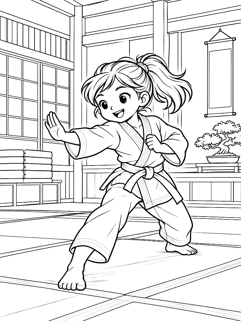 Dibujo en blanco y negro de judo para colorear, Dojo tradicional de madera luminoso