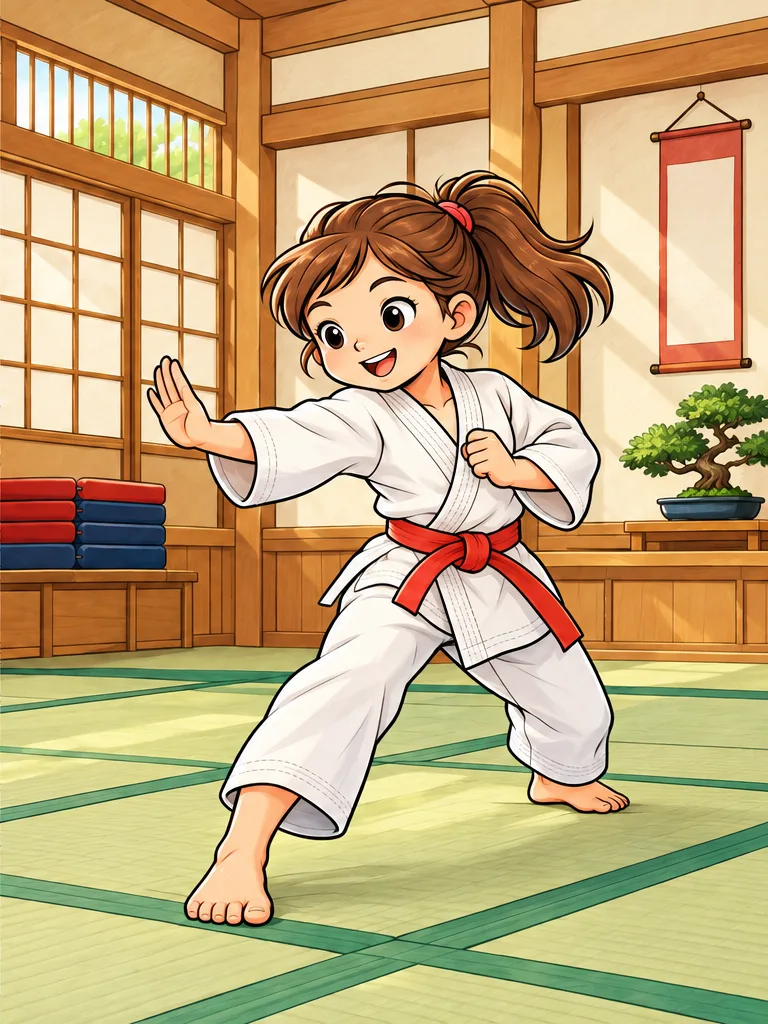 Modelo en color de judo para colorear, Dojo tradicional de madera luminoso