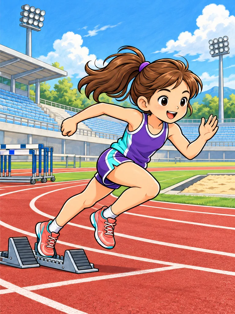 Modèle en couleur du coloriage sprint, Stade d'athlétisme au soleil du matin