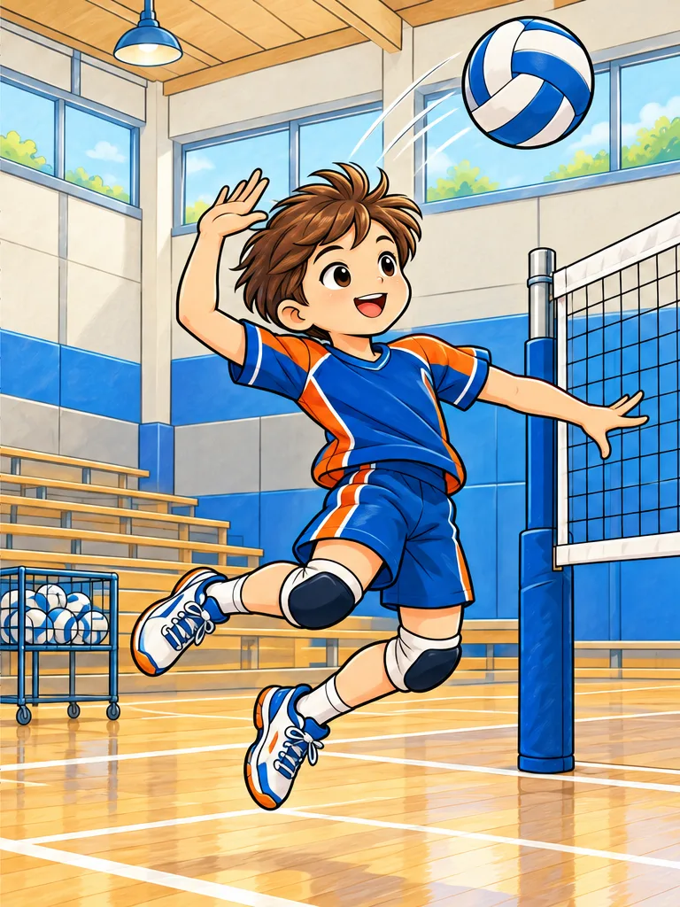 Color reference of Volleyball Spiker Junseo in a modern indoor volleyball gym