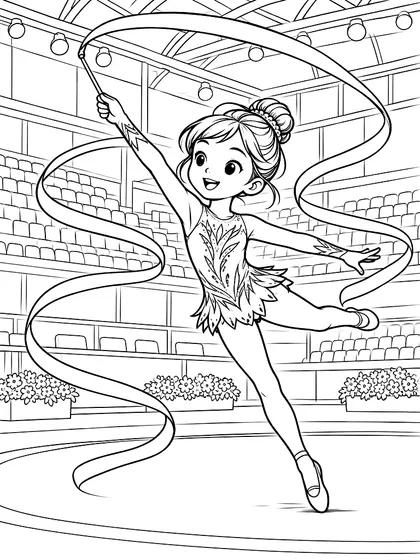 Coloriage gymnastique rythmique en noir et blanc, Salle de gymnastique sous les projecteurs