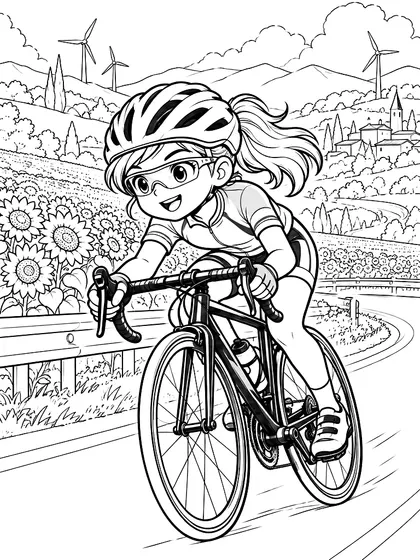 Coloriage cyclisme sur route en noir et blanc, Parcours de course dans les champs de tournesols