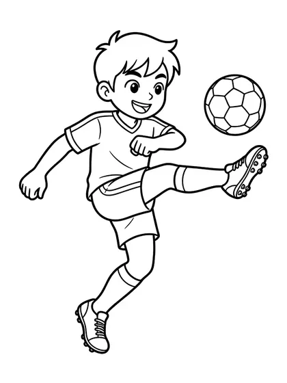 축구선수 색칠공부 도안 - 흰 배경에 축구 유니폼, 축구화, 정강이 보호대, 축구공을 갖춘 축구 스트라이커 민우를 그린 흑백 색칠공부 선화