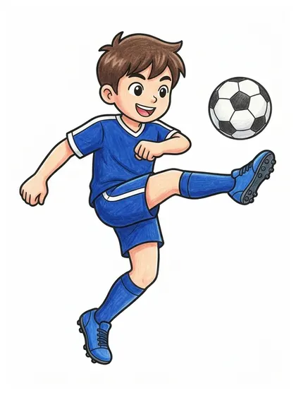 축구선수 색칠공부 컬러 예시 - 로열 블루, 브라이트 화이트, 네온 라임, 블랙 배색으로 칠한 축구 스트라이커 민우 컬러 참고본
