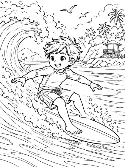 Coloriage surf en noir et blanc, Vague bleue dans une crique tropicale