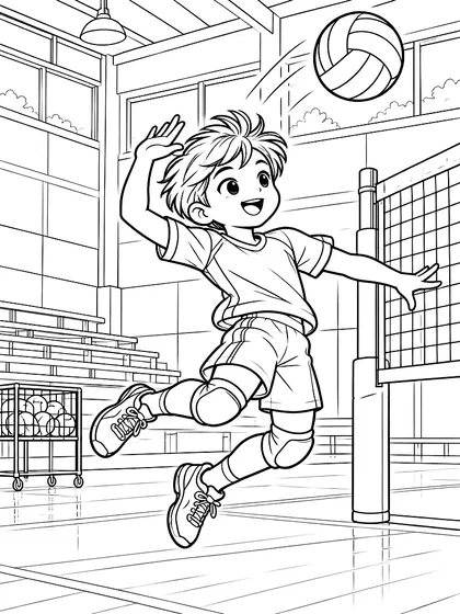 Coloriage volley-ball en noir et blanc, Gymnase de volley-ball moderne