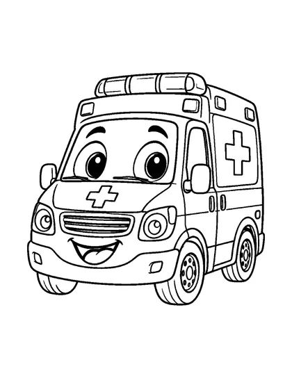 Black-and-white coloring line art of Medi, a ambulance character, on a white background