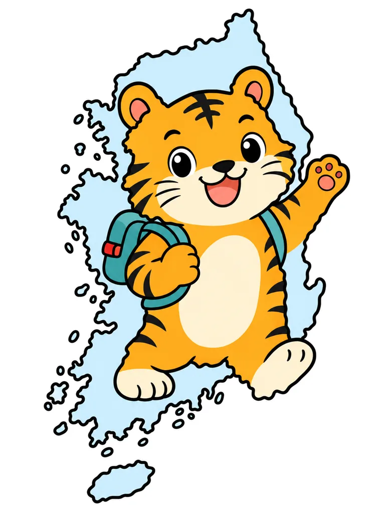 대한민국 동물 지도 색칠공부 컬러 예시 - 대한민국 지도와 호랑이 탐험가 컬러 참고본