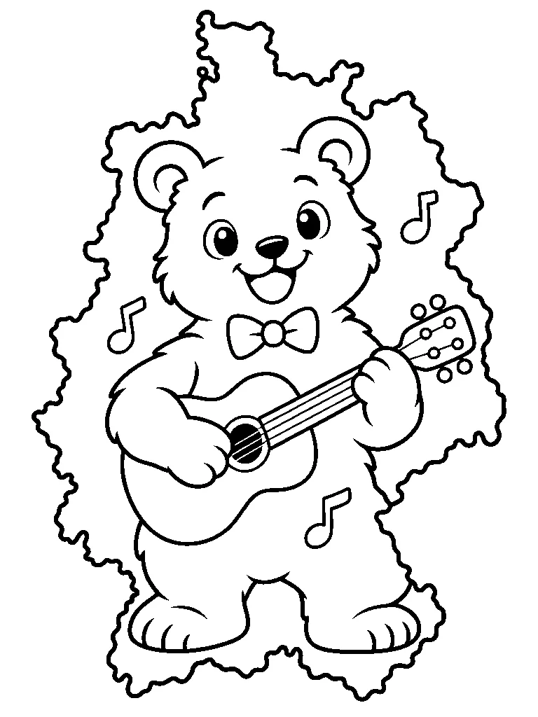 Germany Animal Map coloring page - Black-and-white Germany map coloring page with a bear musician