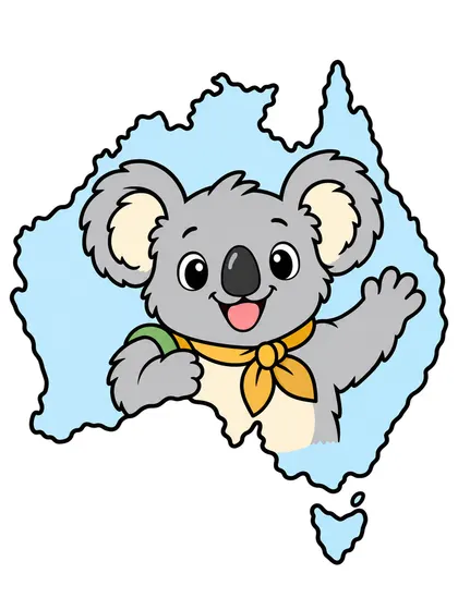 オーストラリアのどうぶつ地図のぬりえのカラーのお手本