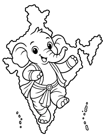 インドのどうぶつ地図の白黒ぬりえ線画