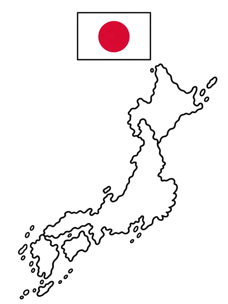 Black-and-white Japan map coloring page with the country flag