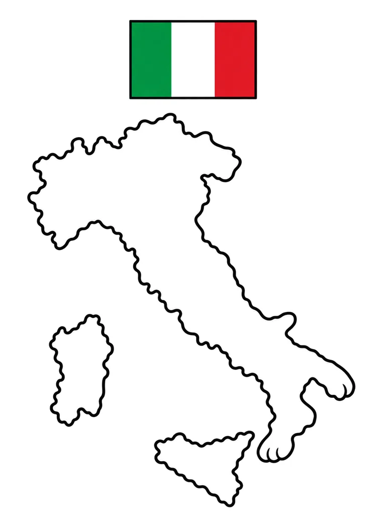 Black-and-white Italy map coloring page with the country flag
