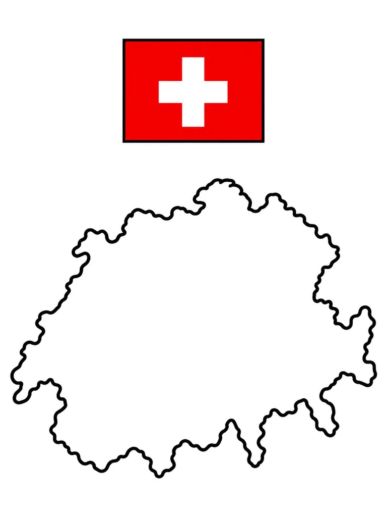 Dibujo en blanco y negro de mapa de Suiza para colorear
