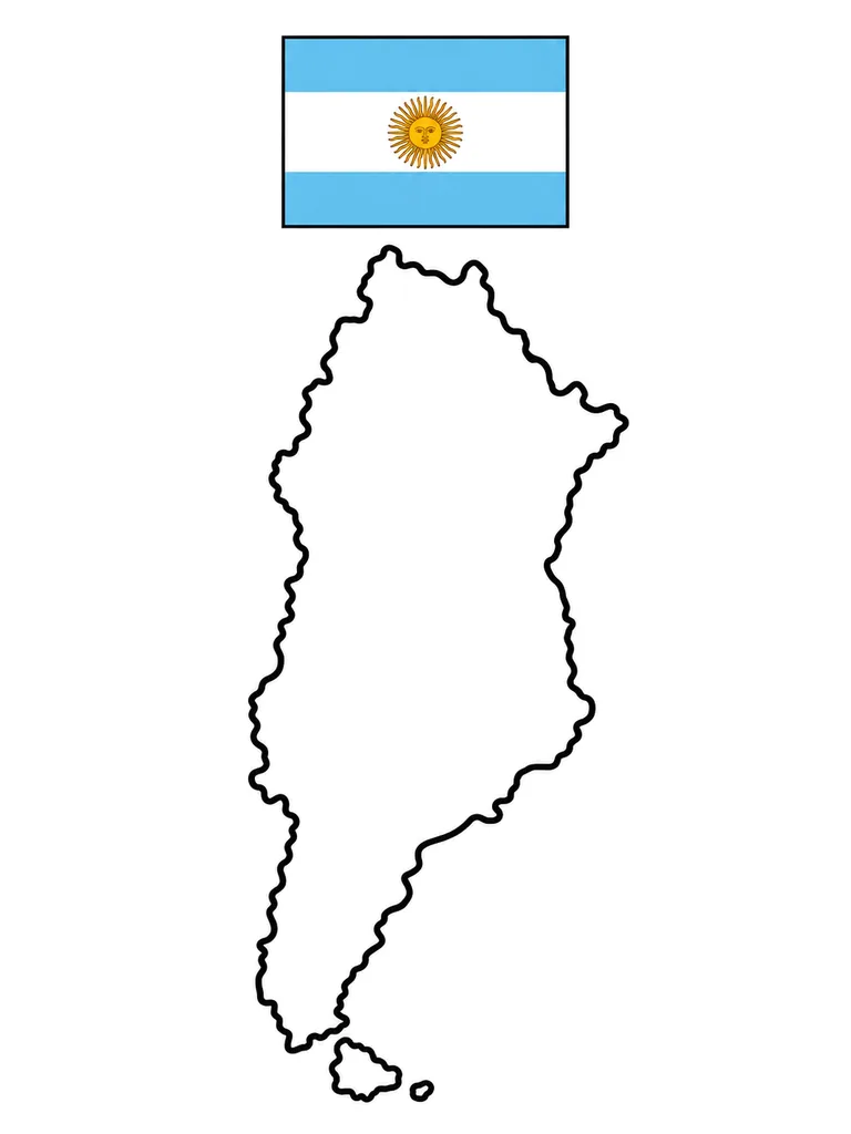 Black-and-white Argentina map coloring page with the country flag