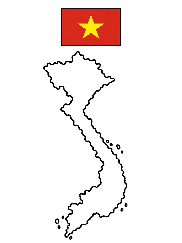 Black-and-white Vietnam map coloring page with the country flag