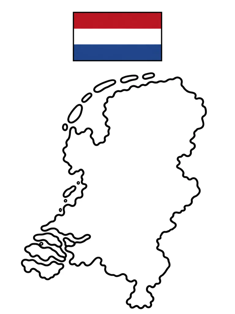 Black-and-white Netherlands map coloring page with the country flag