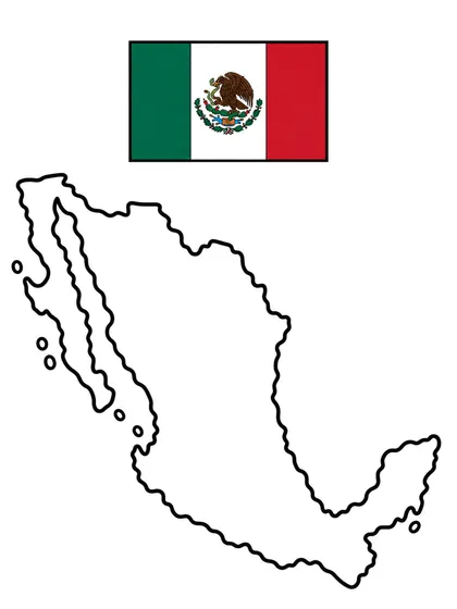 メキシコの地図の白黒ぬりえ線画